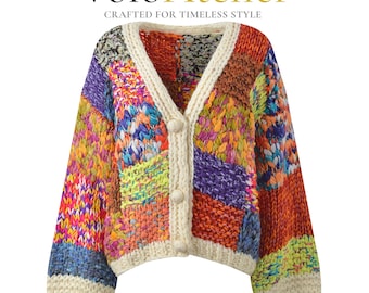 Colorful Chunky Knit Cardigan, Oversized Nordic Knit Sweater, Boho Cottagecore Style, V-neck Long Sleeve Cardigan