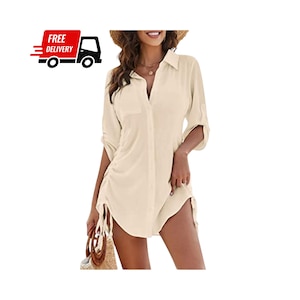 Pode incluir: Um vestido camisa creme com botões, mangas enroladas e detalhes de cordão. O vestido tem gola e um bolso no peito. A imagem também inclui um gráfico vermelho e preto de um caminhão de entrega com as palavras "FREE DELIVERY".