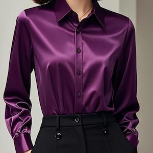 Satin Blouse Women, Long Sleeve Silk Feel Shirt, Button Down Office Top, Fashion Top