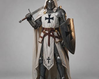May include: A suit of medieval armor featuring a metallic helmet, chainmail, and steel plate greaves. The ensemble includes a cream-colored hooded cloak and tunic, both adorned with a black cross emblem. A long steel sword and a shield are held.
