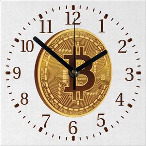 May include: Square wall clock with a white face and brown numerals. The clock features a large gold Bitcoin coin in the centre, with black clock hands. The clock is a decorative item.