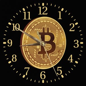 以下が含まれることがあります： 黒い壁掛け時計。 金色の数字と針が付いています。 時計の文字盤の中央には、大きな金のビットコインのデザインがあります。 ビットコインのコインには「COIN-DIGITAL-DECENTRALIZED-PEER TO PEER」という言葉が縁に書かれています。