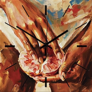 May include: A square wall clock featuring an oil painting of two hands peeling a pink grapefruit. The artwork uses warm tones of brown, orange, and red. Black clock hands and simple black horizontal hour markers are overlaid on the center of the canvas.