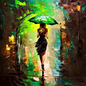 Doek regenachtige nacht stadsgezicht - paletmeskunst - schilderij vrouw met paraplu