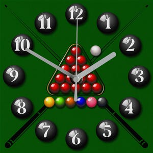 May include: Square wall clock with a green background, featuring a billiards theme. The clock face includes black billiard balls numbered 1-12, a triangle of red balls, and a white cue ball. Two pool cues and colored balls are also visible.