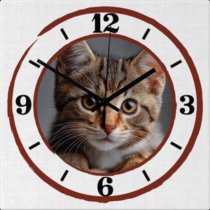 Könnte beinhalten: Quadratische Wanduhr mit Nahaufnahme eines Tabby-Katzenbabys. Das Zifferblatt hat einen weißen Hintergrund mit schwarzen Ziffern und Zeigern. Ein dunkelroter Ring umgibt das Gesicht des Kätzchens und verleiht dem Design der Uhr eine dekorative Note.