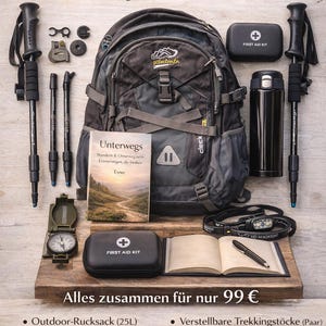 Könnte beinhalten: Wander Starter Set mit 25L Rucksack, Trekkingstöcken, Erste-Hilfe-Set, Kompass, Stirnlampe, Notizbuch, Stift, Thermosflasche und Biwaksack. Perfekt für Einsteiger und Abenteuer.
