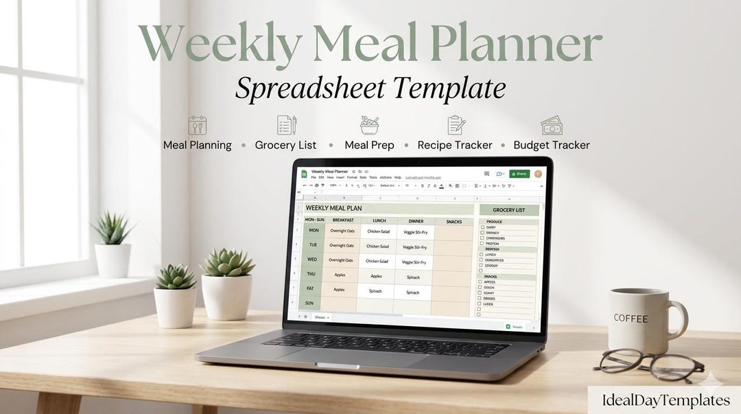 Weekly Meal Planner Spreadsheet | Google Sheets Recipe Tracker (digital ...