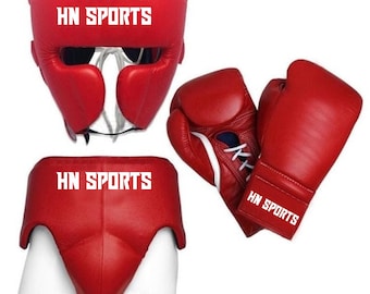Red Boxing Gloves Set with Headgear & Groin Guard – Training Sparring Kit, cowhide Leather Boxing Gear, HN SPORTS