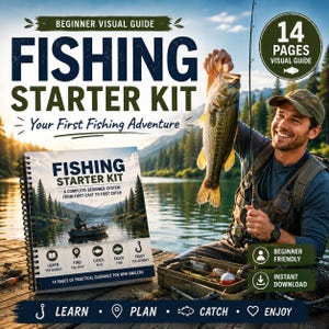 Puede incluir: Una guía visual para principiantes de 14 páginas con encuadernación en espiral titulada Fishing Starter Kit: Your First Fishing Adventure. La portada muestra un lago con una persona en un bote, iconos de aprendizaje y el texto: A Complete Beginner System.