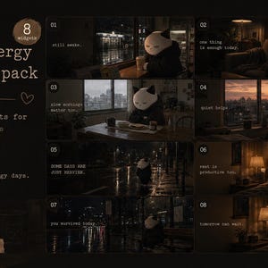 Könnte beinhalten: Dunkle Grafik, die ein "Low Energy Widget Pack" für iPad und iPhone bewirbt. Das Bild zeigt acht Panels mit einem pandaähnlichen Charakter in verschiedenen Umgebungen, mit Text wie "noch wach" und "gemütlich."
