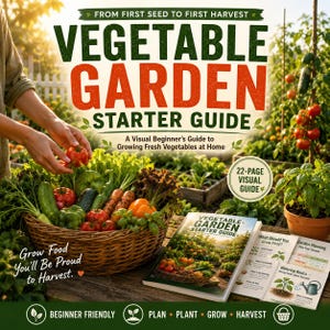 May include: A Vegetable Garden Starter Guide book with a 22-page visual guide, featuring text that reads From First Seed to First Harvest, Vegetable Garden Starter Guide, A Visual Beginner's Guide to Growing Fresh Vegetables at Home.