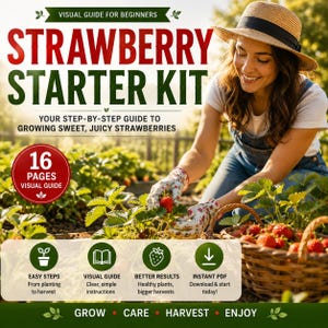 Pode incluir: Um guia visual de 16 páginas Strawberry Starter Kit com o texto: VISUAL GUIDE FOR BEGINNERS, STRAWBERRY STARTER KIT, YOUR STEP-BY-STEP GUIDE TO GROWING SWEET, JUICY STRAWBERRIES, EASY STEPS, VISUAL GUIDE, BETTER RESULTS, INSTANT PDF, GROW, CARE, HARVEST, ENJOY.