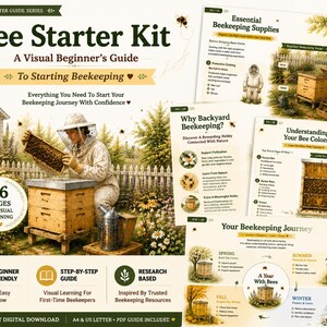 以下が含まれることがあります： 養蜂に関する16ページのビジュアルガイド「Bee Starter Kit」。表紙には、防護服を着た人物が木製の巣箱の上で巣枠を点検している様子が描かれています。養蜂用品、蜂の群れの理解、季節ごとの管理に関するセクションが含まれています。