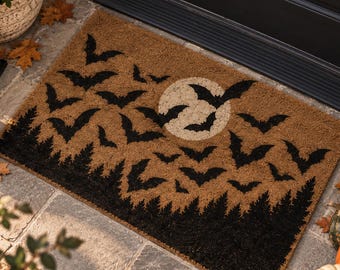 Halloween Bat Doormat, Moon & Forest Welcome Mat, Gothic Porch Decor