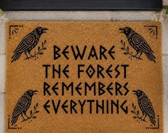Beware Forest Ravens Doormat, Gothic Witchy Woodland Welcome Mat
