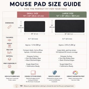 Peut inclure: Un guide des tailles de tapis de souris pr&eacute;sentant deux options : une petite taille de 35,6 cm par 61 cm et une grande taille de 40,6 cm par 88,9 cm. Les deux ont une surface en polyester, une base en caoutchouc antid&eacute;rapante et des bords cousus noirs.