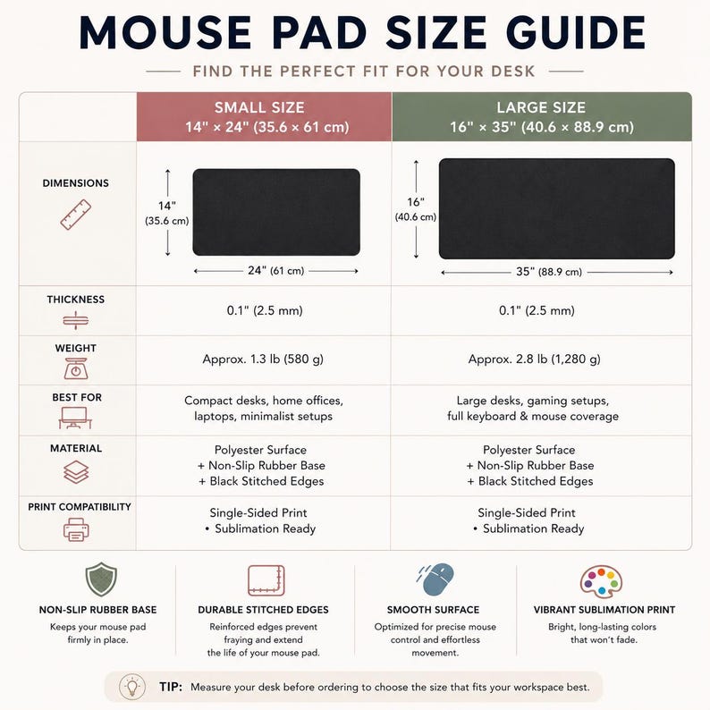 Peut inclure: Un guide des tailles de tapis de souris pr&eacute;sentant deux options : une petite taille de 35,6 cm par 61 cm et une grande taille de 40,6 cm par 88,9 cm. Les deux ont une surface en polyester, une base en caoutchouc antid&eacute;rapante et des bords cousus noirs.