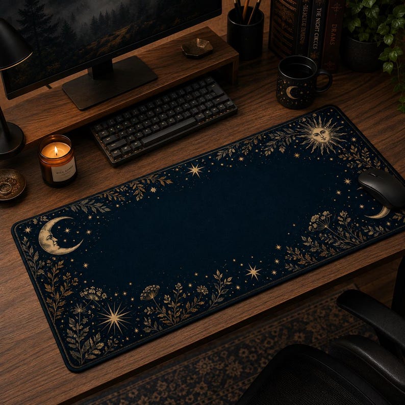 Peut inclure: Un tapis de bureau rectangulaire avec un fond bleu marine fonc&eacute; et des illustrations c&eacute;lestes dor&eacute;es. Le motif comprend un croissant de lune avec un visage, un soleil, diverses &eacute;toiles et des &eacute;l&eacute;ments botaniques floraux sur les bords.