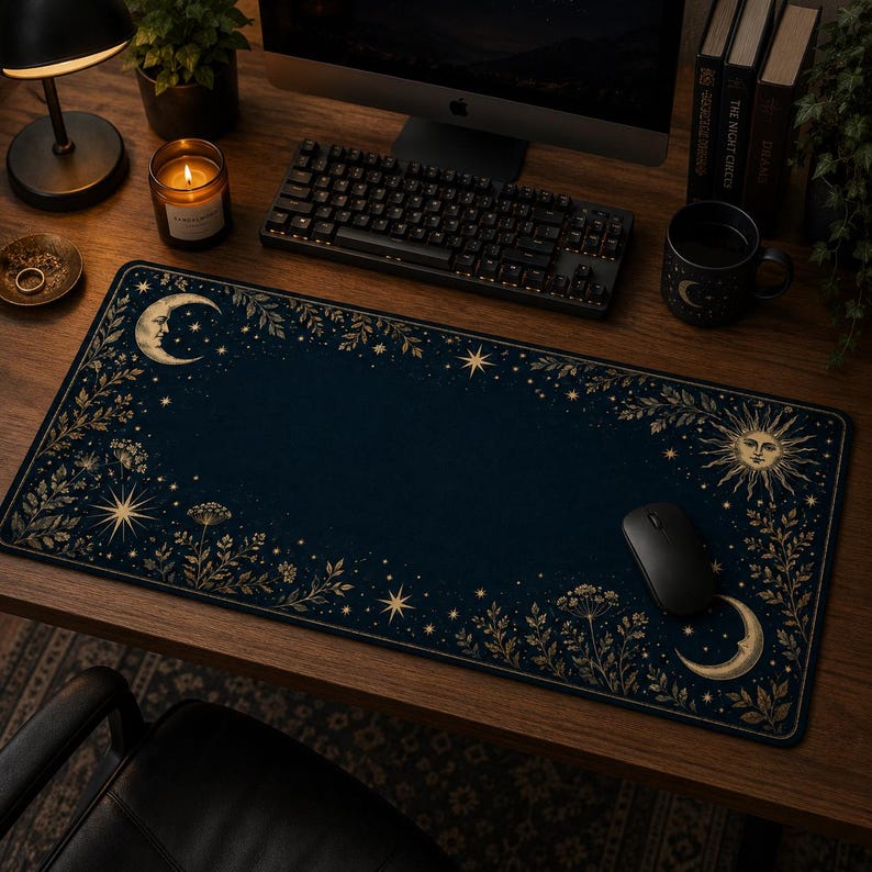 Peut inclure: Un tapis de bureau rectangulaire avec un fond bleu marine fonc&eacute; orn&eacute; d'illustrations c&eacute;lestes dor&eacute;es, incluant un croissant de lune, un soleil, des &eacute;toiles et des motifs de feuillage botanique sur les bords, servant de support &agrave; une souris.