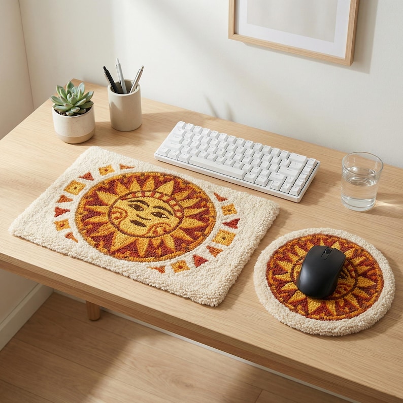 Aztec Sun Punch Needle Desk Set | Handmade Wrist Rest Mat Duo | Boho ...