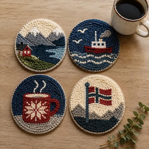 May include: Four round punch needle coasters featuring textured designs: a mountain landscape with a red house, a boat on wavy water, a red mug with a white snowflake pattern, and a flag on a pole. Each coaster has a thick, looped yarn texture.