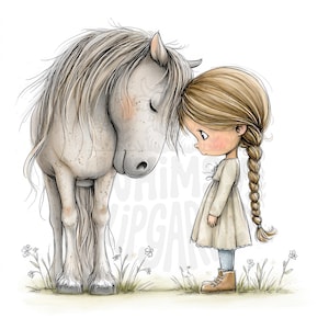 Könnte beinhalten: Eine digitale Illustration eines jungen Mädchens mit langen blonden Haaren in einem Zopf, das ein cremefarbenes Kleid trägt und neben einem weißen Pferd steht. Pferd und Mädchen berühren sich mit geschlossenen Augen in einem Feld aus Gras und Wildblumen.