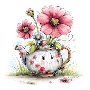 Può includere: Un'illustrazione stravagante di una teiera con un volto sorridente, adornata con fiori rosa e blu. La teiera ha un motivo floreale e un manico e beccuccio marroni. Foglie verdi ed erba circondano la teiera, creando una scena allegra e primaverile.