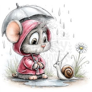Könnte beinhalten: Eine skurrile Illustration einer Maus in einem rosa Kapuzenmantel, die unter einem grauen Regenschirm im Regen steht. Die Maus blickt eine Schnecke an. Eine weiße Gänseblümchen wächst in der Nähe.
