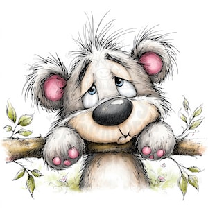 Può includere: Illustrazione di un orso triste con pelliccia grigia, orecchie e zampe rosa e occhi blu. L'orso tiene un ramo marrone con foglie verdi e piccoli fiori rosa sullo sfondo.
