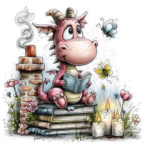 Könnte beinhalten: Eine skurrile Illustration eines rosa Drachen, der ein Buch liest. Der Drache sitzt auf einem Stapel Bücher, mit einem Ziegelschornstein, Blumen, Schmetterlingen und brennenden Kerzen. Der Drache hat einen freundlichen Gesichtsausdruck.