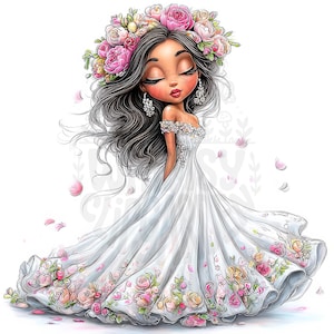 Könnte beinhalten: Illustration einer Frau mit langen dunklen Haaren, die ein weißes schulterfreies Kleid mit rosa und gelben Rosen trägt. Sie hat einen Blumenkranz aus rosa Rosen und baumelnde Ohrringe. Rosa Blütenblätter schweben um sie herum.