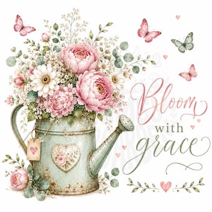 Könnte beinhalten: Aquarell-Illustration einer Vintage-Gießkanne, gefüllt mit rosa Pfingstrosen, weißen Gänseblümchen und Grünzeug. Schmetterlinge und Herzen umgeben die Kanne, mit dem Schriftzug "Bloom with grace".