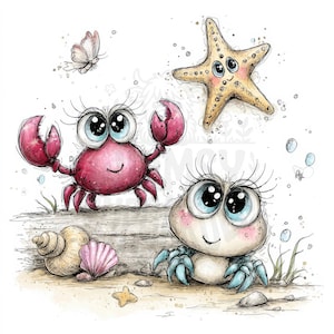 Könnte beinhalten: Skurrile Illustration mit einer rosa Krabbe mit großen Augen und roten Scheren, einem Seestern und einer Krabbe mit blauen Scheren. Ein Schmetterling und Muscheln sind ebenfalls vorhanden. Das Kunstwerk hat einen handgezeichneten Stil mit Strandmotiv.