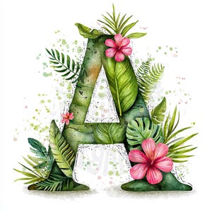 26 JPG Whimsical Tropical Alphabet Clipart Bundle Jungle Letters Watercolor Tropical Leaves Hibiscus Monogram Crafts Sublimation