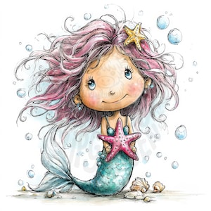 Könnte beinhalten: Eine skurrile Illustration einer Meerjungfrau mit rosa Haaren und einem türkisfarbenen Schwanz. Sie hält einen rosa Seestern und trägt ein blaues Muscheloberteil. Ein gelber Seestern sitzt in ihrem Haar, mit Blasen und Muscheln.