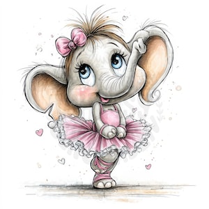 May include: A charming cartoon illustration of a baby elephant dressed as a ballerina. The elephant is wearing a pink tutu, ballet slippers, and a matching bow. The elephant has large blue eyes and is smiling. Watercolor style with hearts.