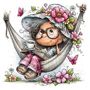 Könnte beinhalten: Eine Cartoon-Illustration einer Person mit grauem Haar, die eine große Brille und einen Blumenhut trägt, in einer Hängematte sitzt, eine weiße Kaffeetasse hält und ein offenes Buch liest, umgeben von rosa Blumen und zwei rosa Schmetterlingen.