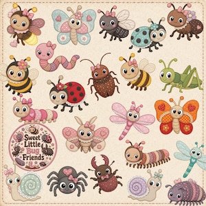 Könnte beinhalten: Eine Sammlung niedlicher, cartoonartiger Insektenillustrationen, darunter Schmetterlinge, Bienen, Marienkäfer und Raupen. Die Käfer sind in verschiedenen Farben gehalten, mit lächelnden Gesichtern und Schleifen. Eine runde Grafik zeigt "Sweet Little Bug Friends."