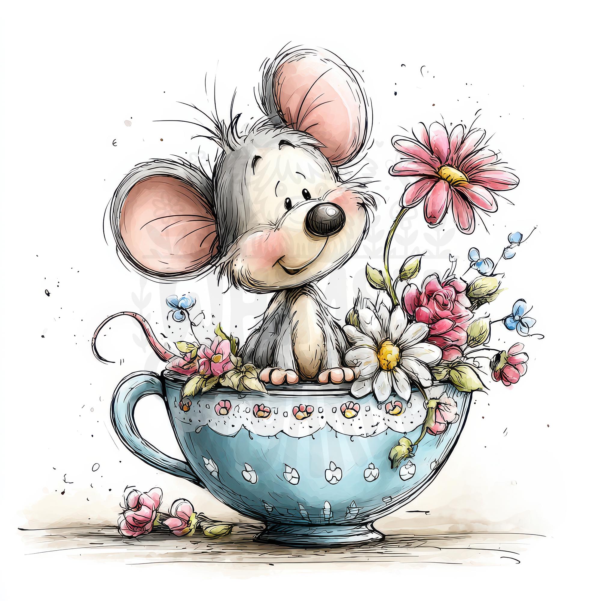 Mouse In Teacup 59 JPG Teacup Mouse Clipart Bundle β Cute Mouse in Teacup β Floral ...