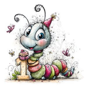 Könnte beinhalten: Eine skurrile Illustration einer Zeichentrickraupe, die ihren ersten Geburtstag feiert. Die Raupe hat einen hellblauen Kopf, große blaue Augen und eine Partyhütchen. Sie hält einen Cupcake neben einer großen Eins. Schmetterlinge und Blumen sind verstreut.