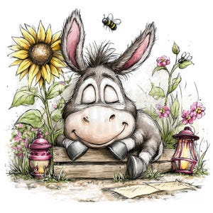 Könnte beinhalten: Eine skurrile Illustration eines grauen Esels mit geschlossenen Augen, der auf einer Holzkiste ruht. Die Szene enthält eine große gelbe Sonnenblume, rosa Blumen, zwei leuchtende Laternen und eine kleine Biene, die über dem Kopf des Esels fliegt.