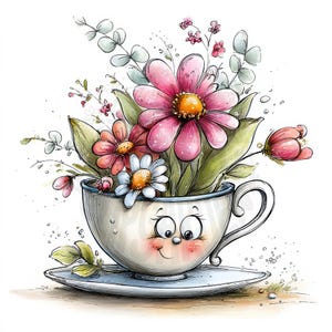 Könnte beinhalten: Eine skurrile Illustration einer lächelnden Teetasse, gefüllt mit bunten Blumen. Die Tasse, mit einem Gesicht, steht auf einer Untertasse. Die Blumen umfassen rosa Gänseblümchen, rote und weiße Blüten und grüne Blätter, was eine fröhliche Szene ergibt.