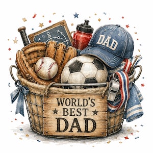 Könnte beinhalten: Aquarell-Illustration eines Geschenkkorbs mit Sportausrüstung und einer blauen Baseballkappe mit der Aufschrift "DAD". Der Korb enthält einen Baseball, einen Fußball, einen Baseballhandschuh und ein Holzschild mit der Aufschrift "WORLD'S BEST DAD".