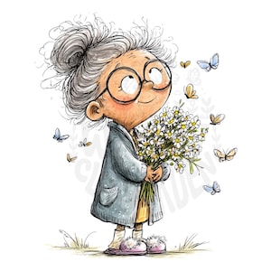 Könnte beinhalten: Eine skurrile Illustration einer lächelnden Person mit Brille und grauem Haar, die einen Strauß weißer Gänseblümchen hält. Die Person trägt einen grauen Mantel, ein gelbes Kleid und rosa Hausschuhe. Schmetterlinge flattern herum, was eine fröhliche Szene schafft.