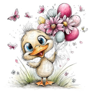 Könnte beinhalten: Ein fröhliches Cartoon-Entlein mit großen blauen Augen und offenem Schnabel, das einen Strauß rosa Blumen und Luftballons hält. Rosa Schmetterlinge und Herzen schweben um das Entlein herum und schaffen eine skurrile Szene. Das Entlein steht auf einem grünen Grasbüschel.