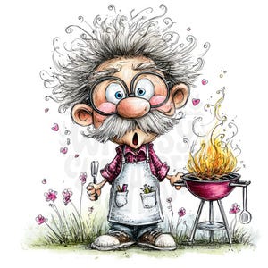 Könnte beinhalten: Eine skurrile Illustration eines Cartoon-Charakters beim Grillen. Die Figur hat wildes, weißes Haar, eine Brille und einen großen Schnurrbart. Er trägt ein rot kariertes Hemd, eine Schürze und hält einen Pfannenwender. Ein roter Grill mit Flammen und rosa Herzen ist ebenfalls abgebildet.