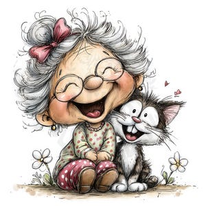 30 JPG Whimsical Cat Grandma Clipart Bundle – Cute Grandma with Cat Illustrations – Digital Download