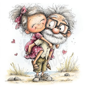 Peut inclure: Une illustration réconfortante montre une jeune personne embrassant une personne plus âgée, toutes deux souriantes. La personne âgée porte des lunettes et une barbe blanche. La jeune personne porte une robe rose et un nœud. Le fond montre des cœurs et de l'herbe de plage.
