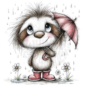 Może przedstawiać: Ilustracja leniwca trzymającego różowy parasol w deszczu. Leniwiec ma na sobie różowe kalosze i patrzy w górę. Stokrotki rosną w kałużach wokół leniwca.